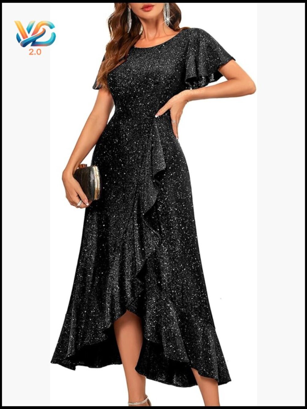 Sequin Formal Party Dress with Flutter Sleeves